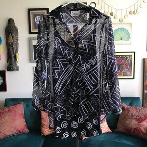 LYNN RITCHIE Silver size S Black & White Print Mesh Blouse & Tank Top 2 pc Set